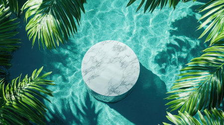 Aerial shot of a marble podium stand floating in a crystal-clear swimming pool, framed by vibrant palm leaves. Ideal for showcasing luxury products in a tropical setting.の素材