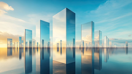 A lineup of companies in a cutting-edge 3D abstract style, with the sky as a spacious and open background, creating a striking image for promotional useの素材