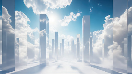 Companies displayed in a contemporary 3D style, aligned under an open sky, providing a modern and abstract visual ideal for business advertising. -の素材