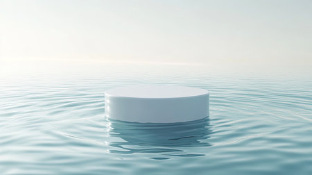 Elegant 3D illustration of a white cylinder base in clear water, showcasing light reflections. Ideal for luxury product advertising.の素材