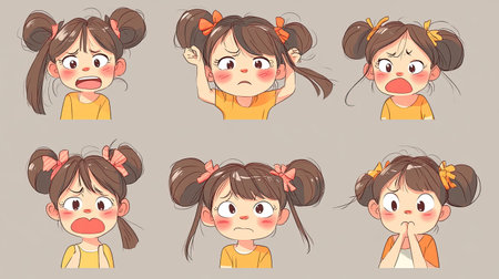 Cute cartoon girl tying her hair with different emotional expressions, from happy to angry to thoughtful, in a whimsical and engaging style.の素材