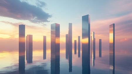 Companies lined up in a sleek, modern 3D style against a backdrop of an expansive sky, creating a futuristic and abstract visual with ample space for advertisements.の素材