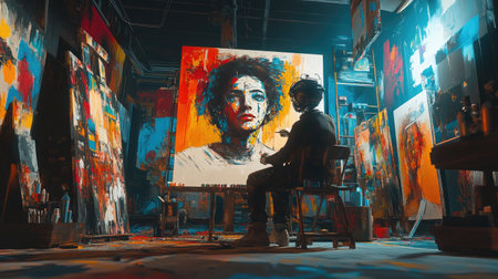 Futuristic robots drawing their self-portraits in a colorful, abstract art room, showcasing a unique blend of technology and artistic expression.の素材