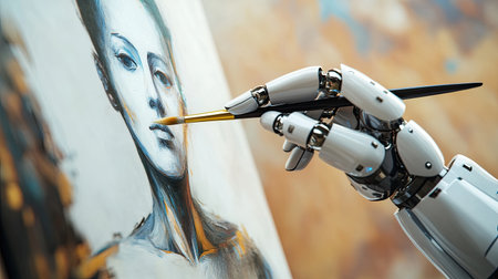 Detailed shot of a robot hand holding a paintbrush, working on an abstract self-portrait, set against a minimalist background, emphasizing futuristic artistryの素材