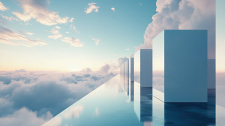 Companies lined up in a sleek, modern 3D style against a backdrop of an expansive sky, creating a futuristic and abstract visual with ample space for advertisements.の素材