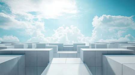 Modern companies represented in a 3D abstract style, aligned neatly with a vast sky as the backdrop, perfect for conveying innovation and growth.の素材