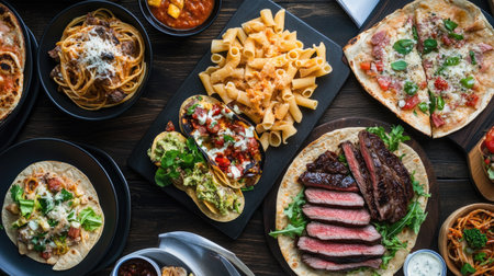 Overhead shot of a variety of delicious foods on a dark wooden table, featuring pastas, flatbreads, tacos, and steak, ideal for restaurant-themed presentations.の素材