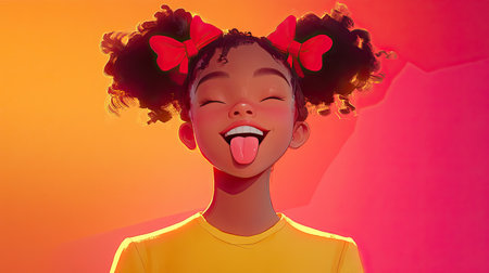 Animated girl in a yellow shirt, with two red bows in her hair, happily licking her lips, set against a single color backdrop.の素材