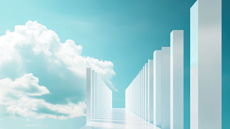 A row of companies depicted in a modern, abstract 3D style, set against a sky-blue background. This visually striking image leaves space for promotional messages.の素材