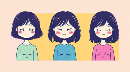 Cartoon girl showing happy and sad emotions in a minimalist style with a solid color background. Ideal for easily conveying a spectrum of feelings.の素材