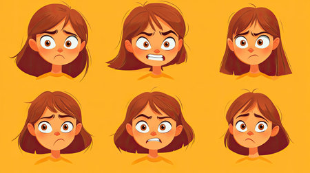 A cartoon girl displaying different emotions against a solid color backdrop. Her expressions vary from happy to angry, capturing a full spectrum of feelingsの素材