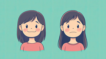 A single color background featuring a cartoon girl with both a happy and a sad expression. The clear and simple design highlights the girl's emotions effectively.の素材