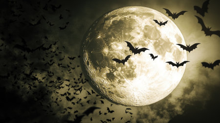 Featuring a large full moon at the center with an array of small black bat silhouettes, this abstract 3D image is ideal for spooky, otherworldly themes.の素材