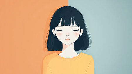 A clean, minimalist image of a cartoon girl with both a joyful and a sorrowful face on a uniform background. Suitable for clear, emotional expression.の素材