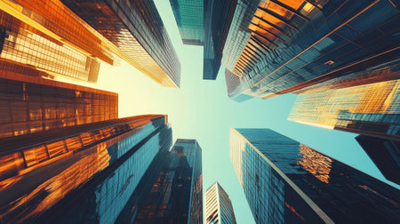 Corporate skyscrapers arranged in a contemporary, abstract style, with clear space for advertising. The modern cityscape design is ideal for promoting business services and urban development.の素材