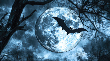 Abstract 3D depiction of a large full moon with a bat shadow gliding over it, capturing a surreal, spooky atmosphere.の素材