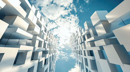 Companies displayed in a contemporary 3D style, aligned under an open sky, providing a modern and abstract visual ideal for business advertising. -の素材