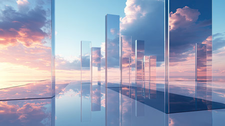 Modern companies represented in a 3D abstract style, aligned neatly with a vast sky as the backdrop, perfect for conveying innovation and growth.の素材