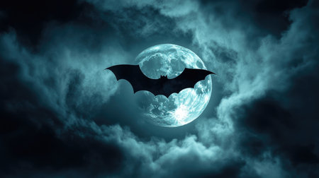 Central full moon with a dramatic black bat shadow, in a striking abstract 3D style. Great for creating a mysterious, otherworldly ambianceの素材
