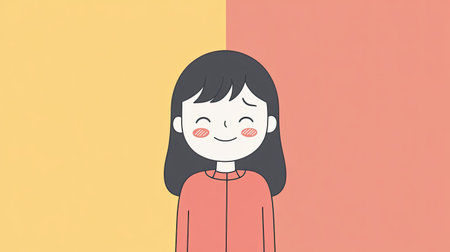 A minimalist image with a cartoon girl displaying a happy and a sad face on a uniform color background. Perfect for conveying varied emotions in a straightforward manner.の素材