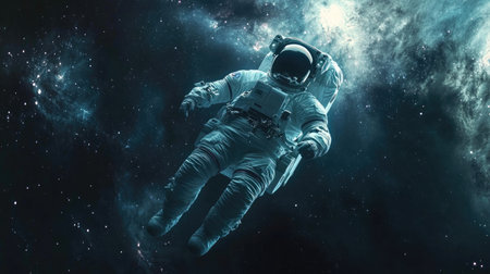 An astronaut floating in the vastness of space, surrounded by stars and galaxies. The scene captures the wonder and isolation of space exploration.の素材