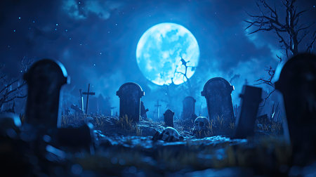 A 3D Halloween visual with a single color backdrop, featuring eerie elements like gravestones, skeletons, and full moon. Plenty of space available for advertising content.の素材