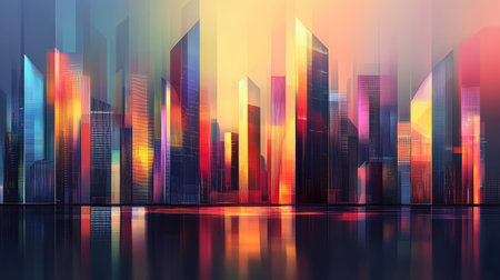 Corporate buildings lined up in a sleek, modern, and abstract style, with ample space for advertising. The design showcases a futuristic cityscape perfect for business promotions.の素材