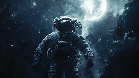 A lone astronaut navigating through the cosmos, with Earth in the distance and a backdrop of twinkling stars. A captivating view of space travel.の素材