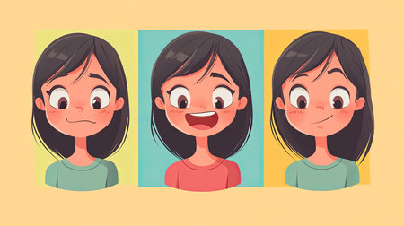 Cartoon girl with distinct happy and sad expressions against a solid color backdrop. Perfect for illustrating varied emotional states in a simple, direct manner.の素材