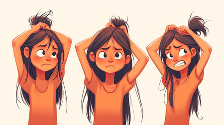 Animated girl in various moods as she ties her hair, capturing a range of emotions like happiness, frustration, and contemplation, with a charming and playful look.の素材