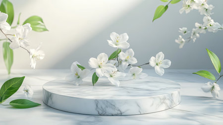 Aerial view of a marble podium with delicate white flowers, perfect for showcasing beauty or luxury products.の素材