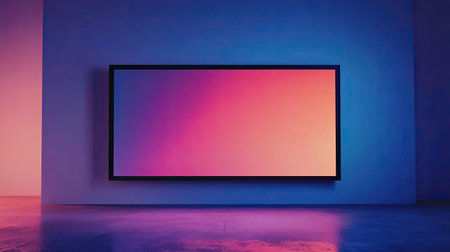 Realistic LED mock-up screen with sleek black frames, prominently displaying a vibrant gradient background. Ideal for product presentations and digital ads.の素材