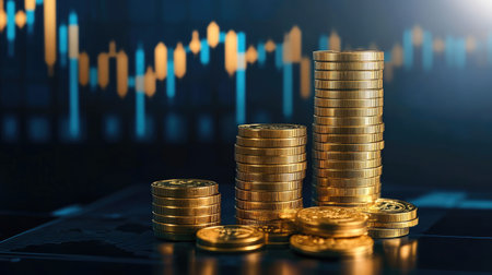Five percentage bars with gold coins, showing the growth of deposits and savings. Highlights high return on investments and financial success.の素材