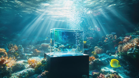 Clear product stand under the sea, surrounded by vibrant marine life, symbolizing luxury and preciousness. The abstract, serene setting leaves room for advertising.の素材