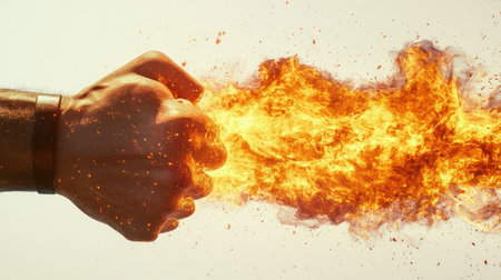 A muzzle with flames bursting out, representing the impact of a powerful 3D kick. The fire adds a dramatic touch to the white background.の素材