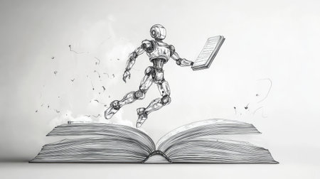 Single line drawing animation of a robot on a large open book, flying high. Represents the limitless potential of knowledge and education.の素材