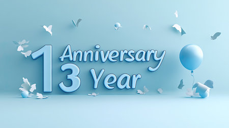 Sophisticated 3D text displaying "Anniversary 13 Year" in elegant blue letters against a plain background. Suitable for advertisements and promotional visuals.の素材