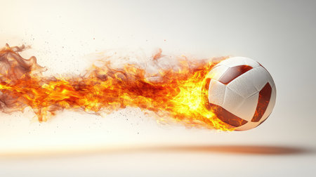 A volleyball ball with a fiery trail, capturing the essence of a high-powered 3D kick. The flames add a sense of speed and intensity, highlighted by the white background.の素材