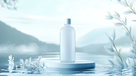 Fresh organic white juice advertising template featuring a 3D glass bottle displayed on a sleek platform floating above the water surface, capturing the essence of purity and freshness.の素材