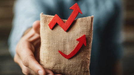 Professional holding a dollar bag and a red arrow indicating growth. Highlights profitable financial strategies and income growth.の素材