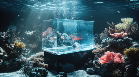 A clear product display stand submerged under the sea, surrounded by marine life. The scene represents luxury and preciousness with an abstract underwater backdrop, leaving space for advertising.の素材