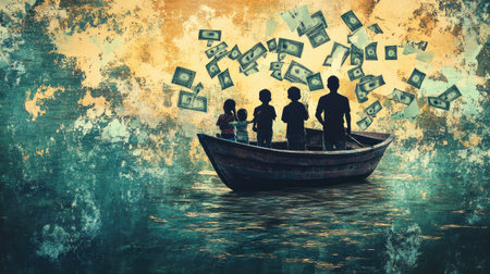 Abstract image of a family on a boat leaking money, symbolizing financial recession and household debt, depicting financial hardship and economic downturnの素材