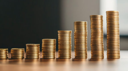 Increasing percentage bars topped with gold coins. Represents successful financial endeavors and high returns on investments.の素材