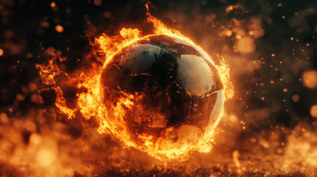 A football surrounded by fire, illustrating the fierce energy of a powerful 3D kick. The flames create a captivating visual effect.の素材