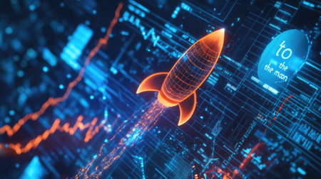 Dynamic graph showing Bitcoin's exponential growth, with a rocket icon symbolizing "to the moon" against a backdrop of financial charts and data.の素材