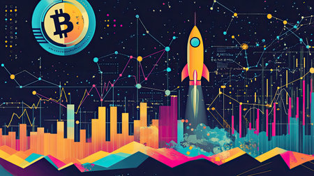Bitcoin growth chart with colorful graphs, data points, and a rocket heading to the moon, symbolizing the cryptocurrency's rapid ascent in the market.の素材