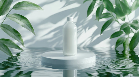 Captivating ad template with a 3D glass bottle of organic white juice showcased on a floating platform above a reflective water surface, emphasizing the freshness of the product.の素材