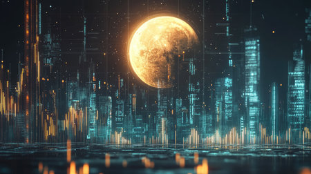 Visual representation of Bitcoin's upward trend with multiple business charts and a prominent moon symbol at the top, highlighting the cryptocurrency's surge.の素材