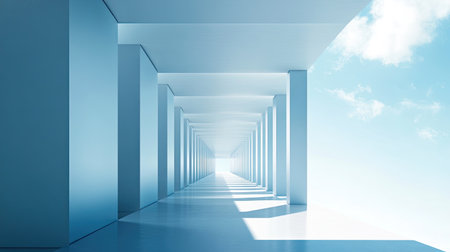 A row of companies depicted in a modern, abstract 3D style, set against a sky-blue background. This visually striking image leaves space for promotional messages.の素材