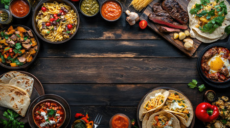 Above view of a table scene filled with various delicious foods, including pastas, flatbreads, tacos, and steak, set against a dark wood banner background.の素材